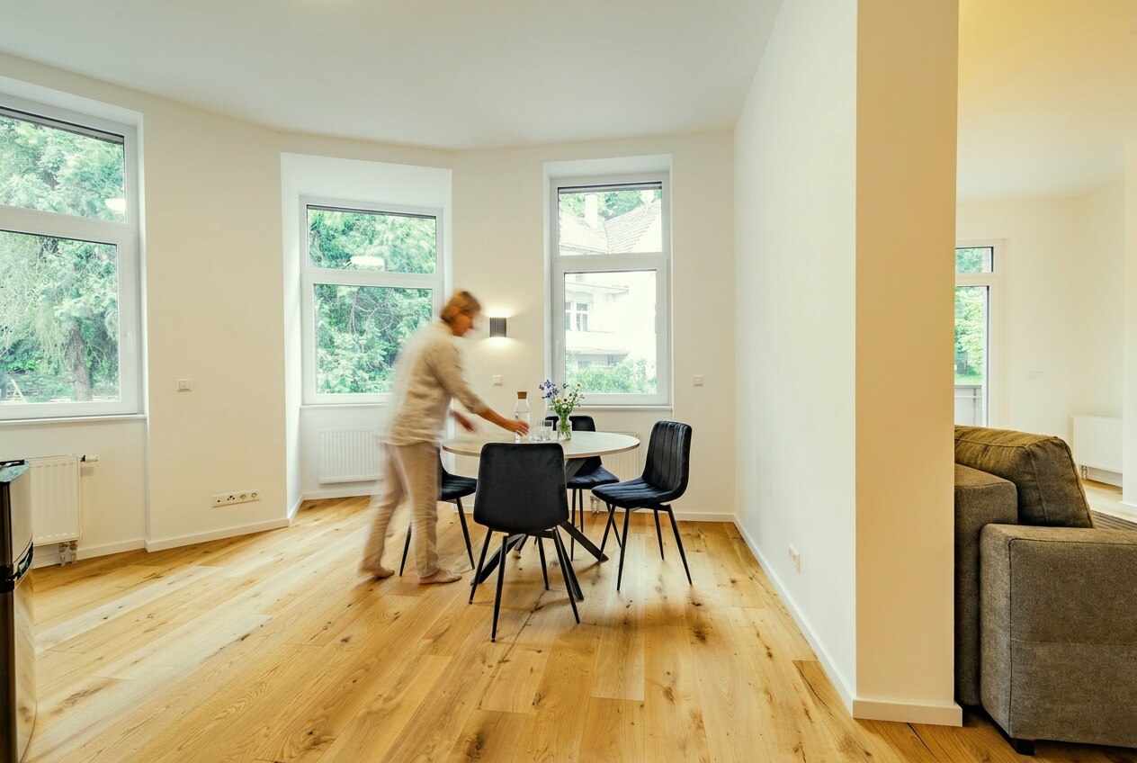 Wohnraum mit Erker und gedecktem Tisch, eine Person deckt mit Bewegungsunschärfe den Tisch — Visualisierung, Person nachträglich eingesetzt