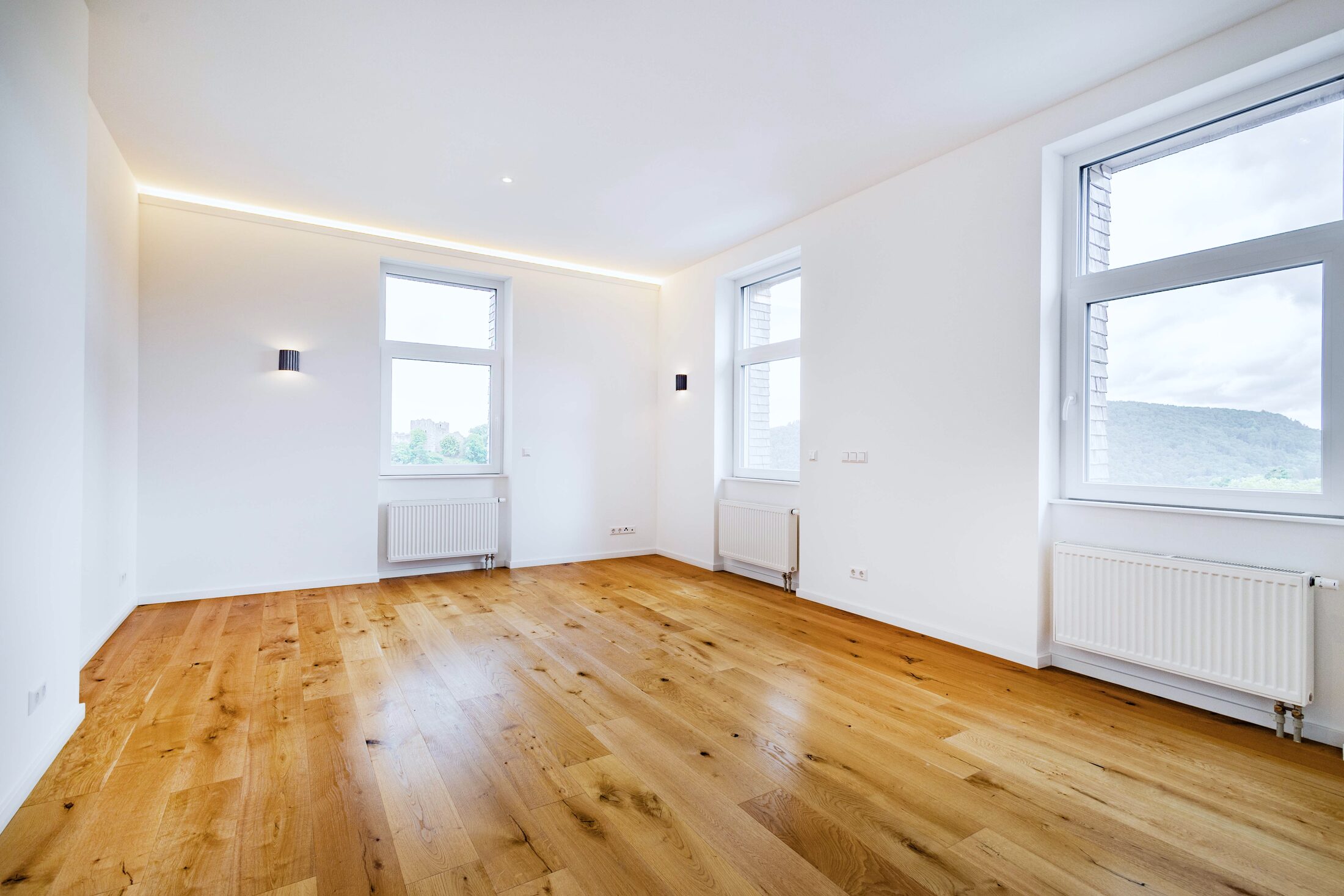 Apartment im Übergabezustand — leer, mit drei Fenstern und Hügelblick